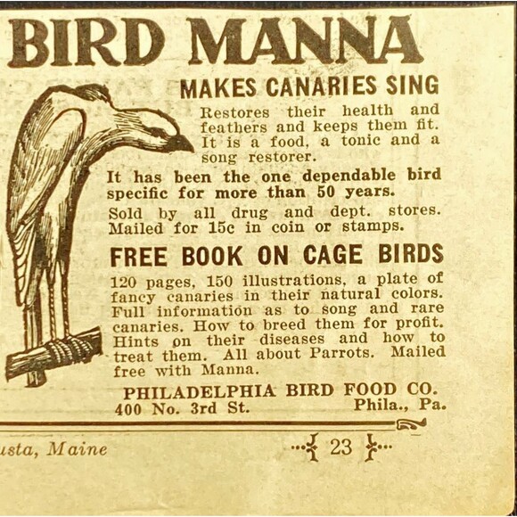 Philadelphia Bird Food Co. "Bird Mania Makes Canaries Sing" Vtg Print Ad 1933 - Picture 1 of 3
